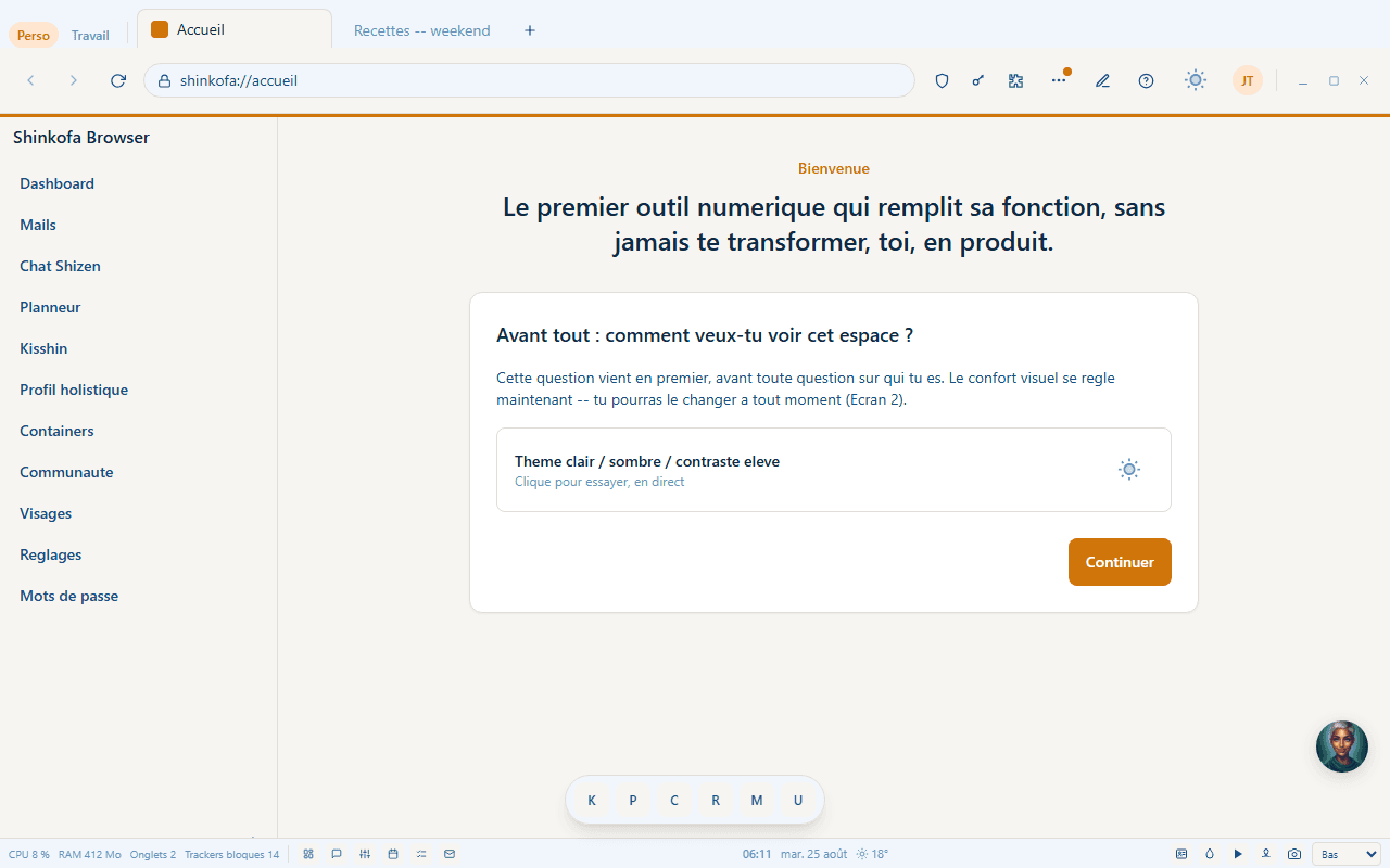 Écran d'accueil de Shinkofa Browser, thème clair