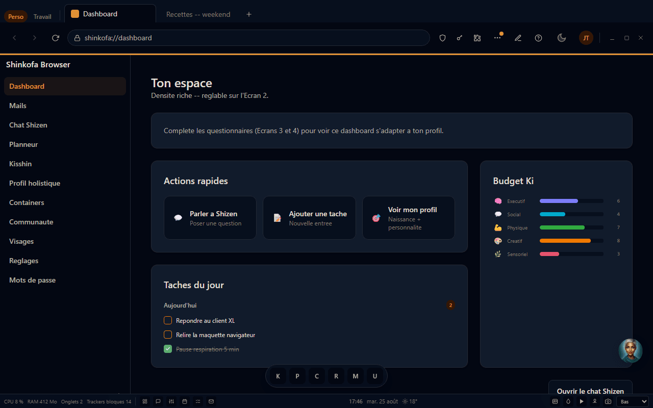 Un tableau de bord qui s'adapte a votre profil, pas un modele unique — ici en theme sombre.