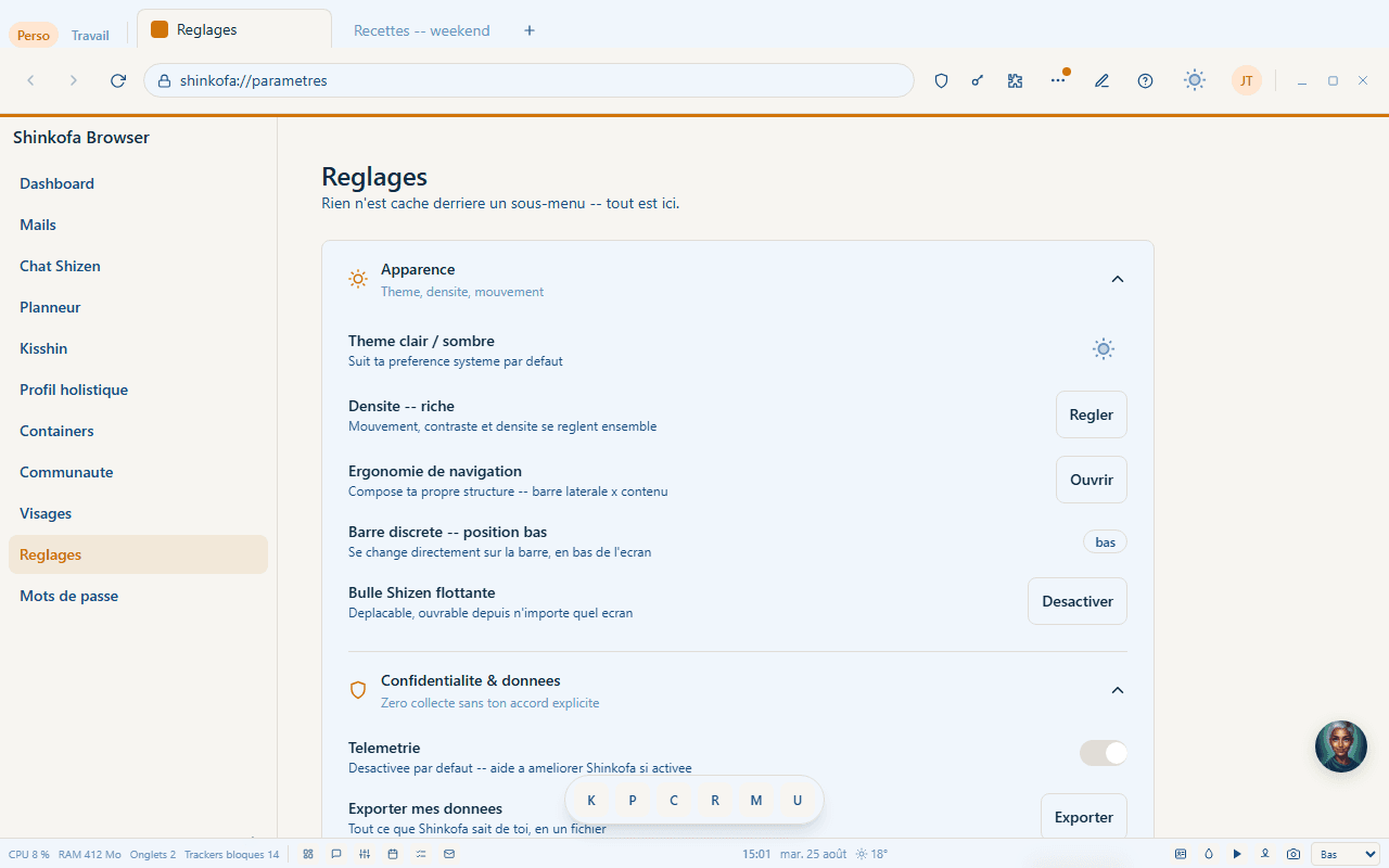 Ecran Reglages : theme, densite et ergonomie de navigation composables