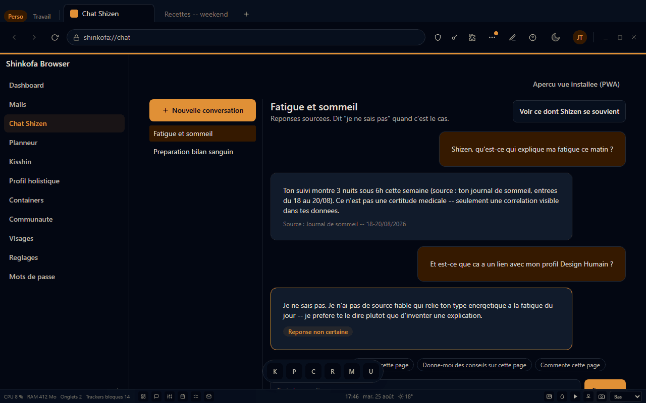 Ecran Chat Shizen : reponse sourcee, et une reponse marquee « non certaine » quand l'information manque